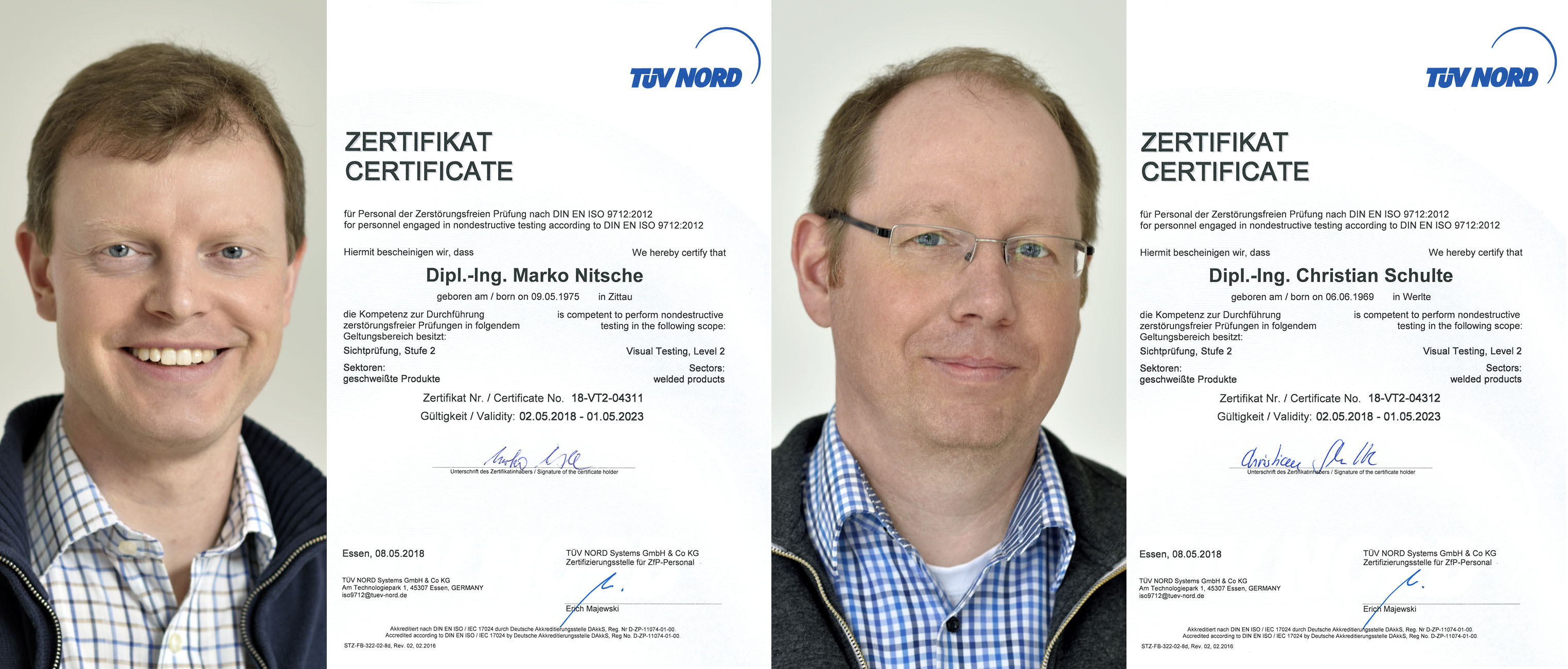 pb+ Prokuristen Marko Nitsche und Christian Schulte rezertifiziert als Schweißnahtprüfer